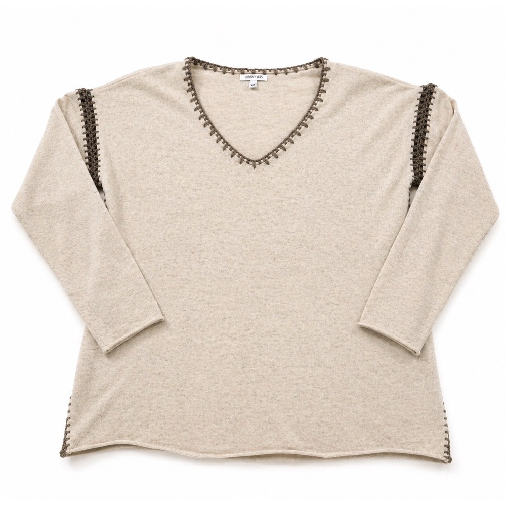 Johnny Was 100% Cashmere V-Neck Sweater‎ Beige Whipstitch Womens Small